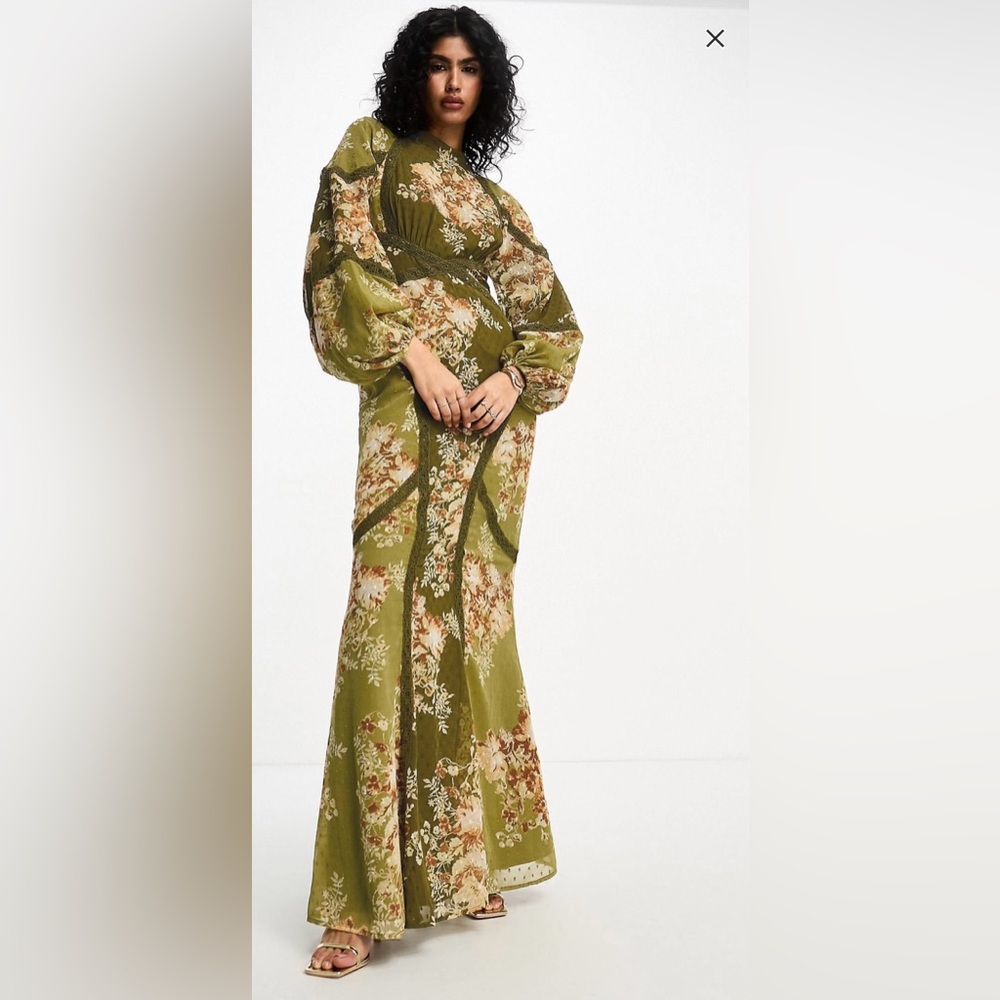 ASOS DESIGN long sleeve lace insert bias maxi dress in green floral
